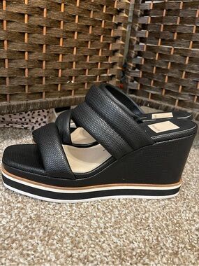 Dolce Vita Black Double-Strap Wedge Slides with Striped Platform
